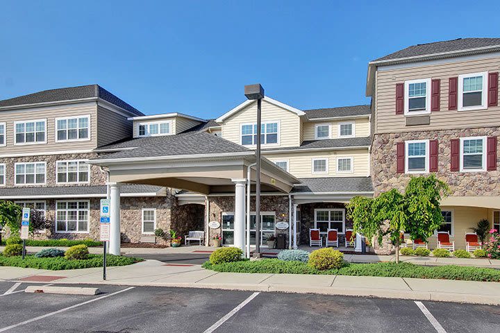 Exterior of senior living community building entrance