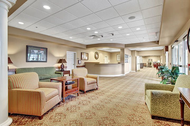 Spacious lobby with seating and reception desk